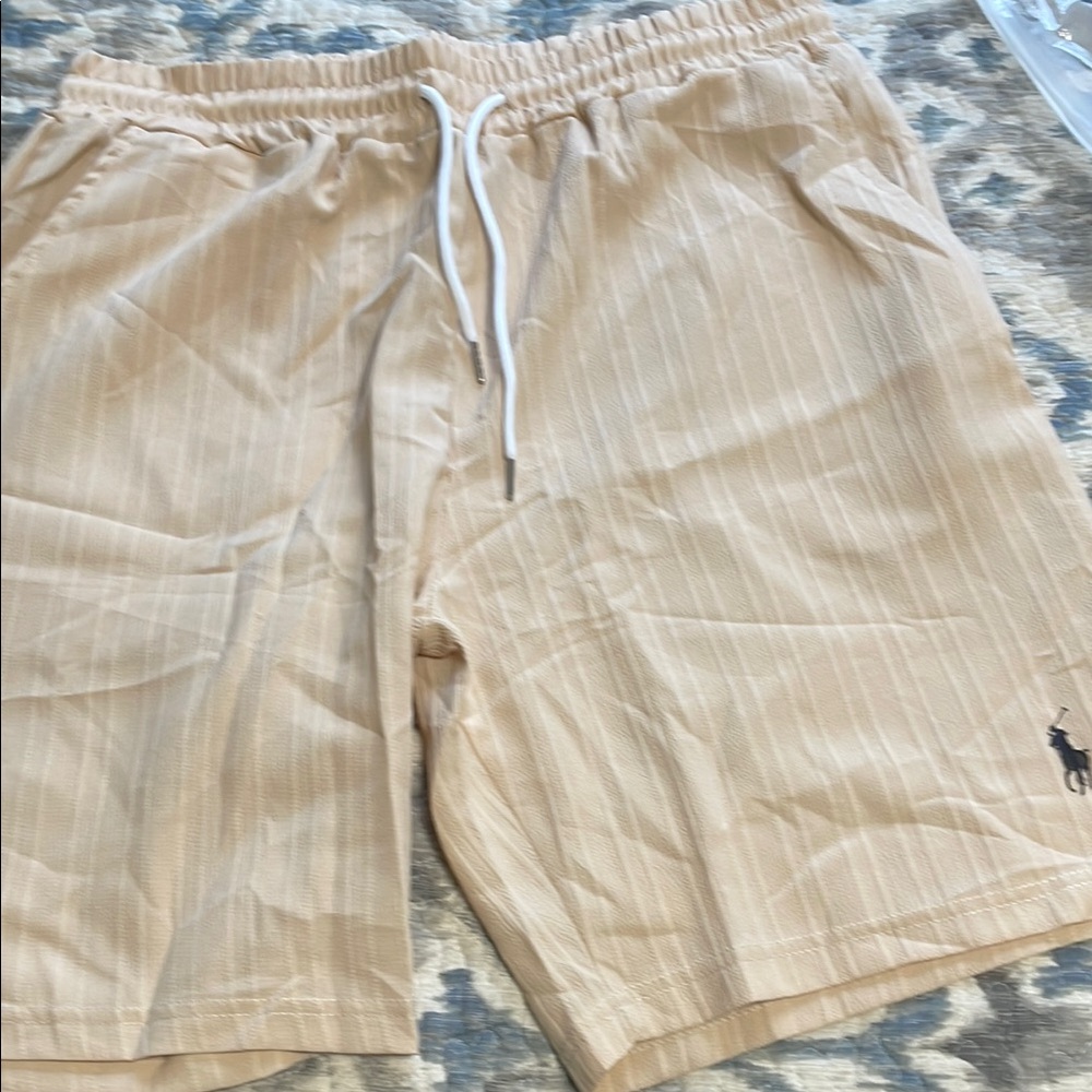 Tan Striped Drawstring Shorts